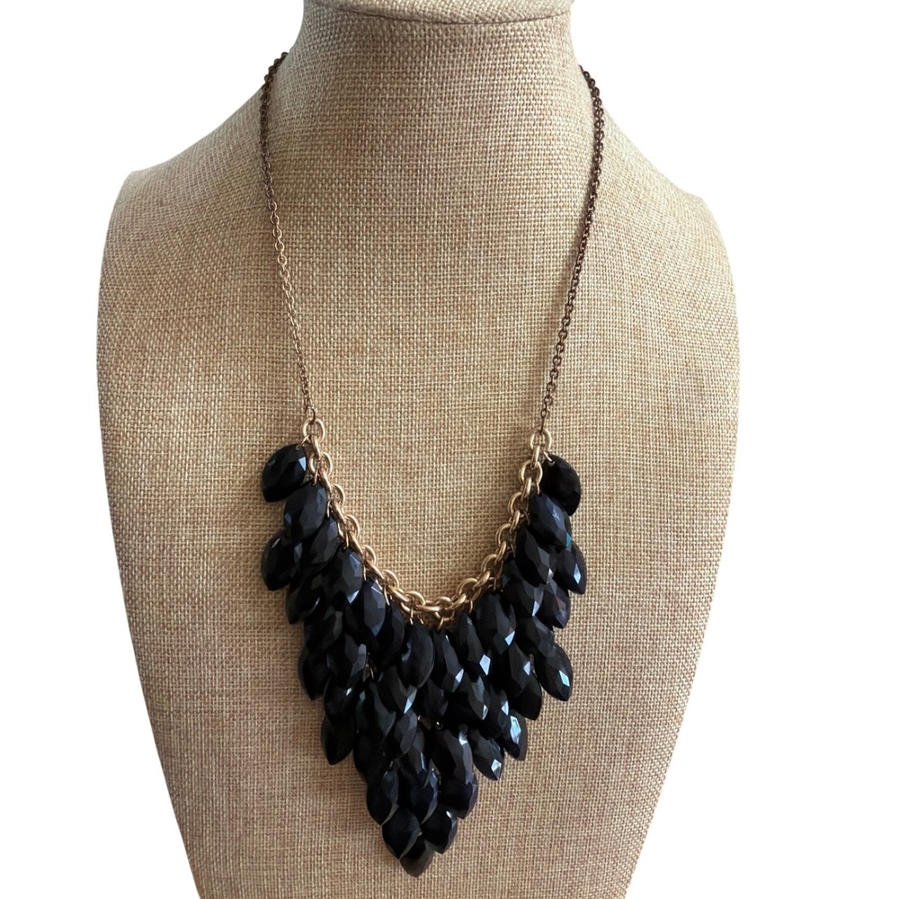 Black Faceted Teardrop Bib Statement Necklace Bronze Tone Chain Adjustable